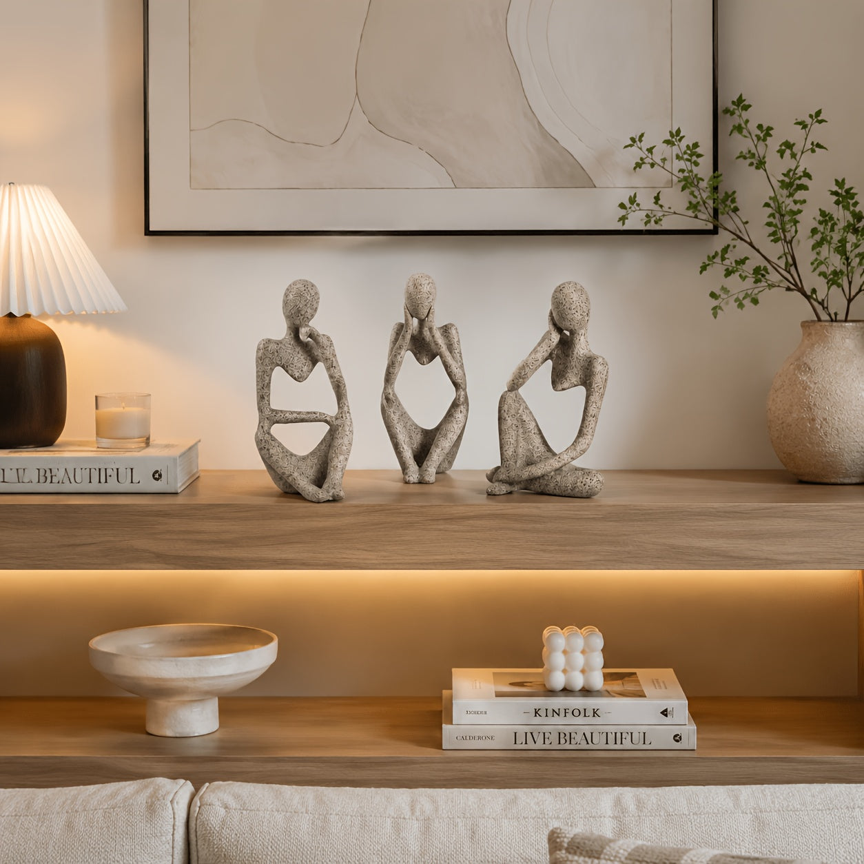 Set of 3 Abstract Seated Human Sandstone Resin Figurines