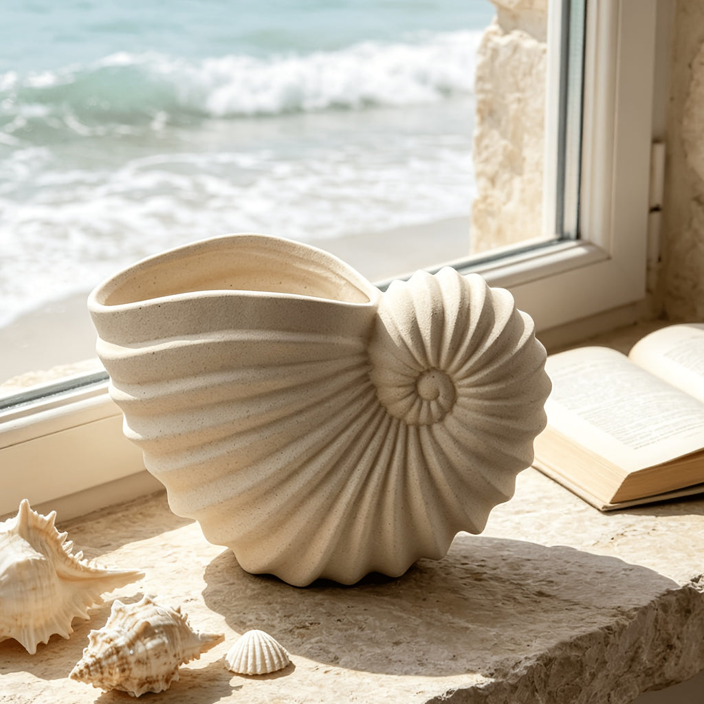 Nautilus Shell Ceramic Vase – Coastal Wabi-Sabi