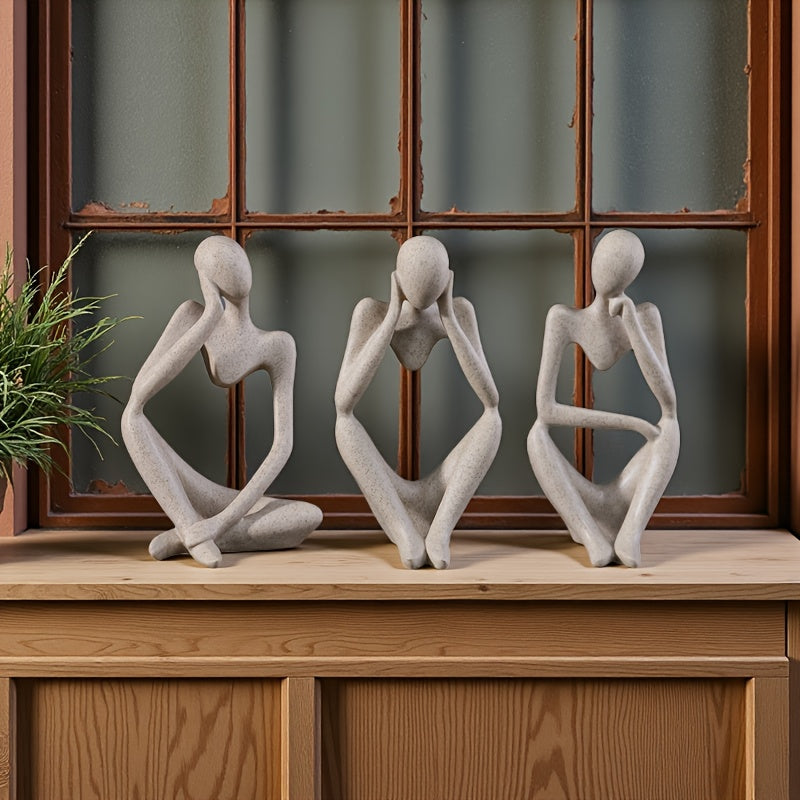 Set of 3 Abstract Sandstone Reading Thinker Figurines