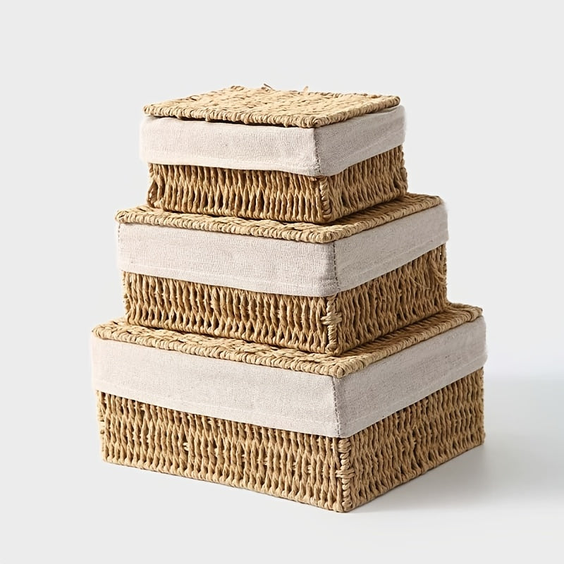 Set of 3 Handwoven Storage Boxes with Lids