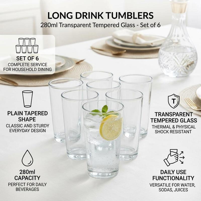 Set of 6 Clear Tempered Glass Tumblers – 280ml