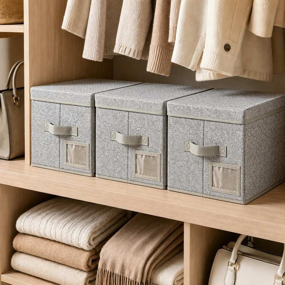 Set of 3 Large Fabric Storage Boxes with Lids