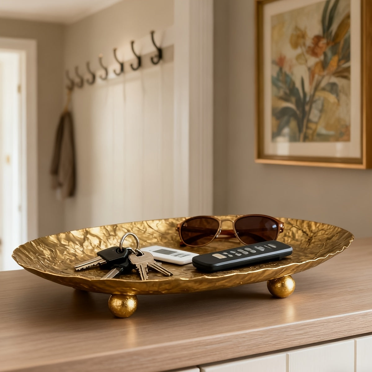 Hammered Gold Wrought Iron Decorative Tray with Tripod Stand