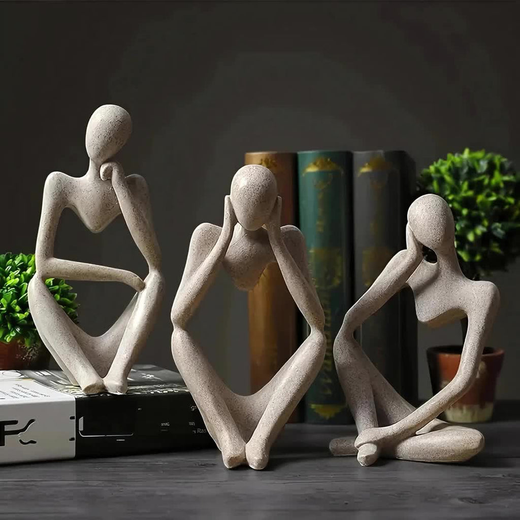 Set of 3 Abstract Seated Human Sandstone Resin Figurines