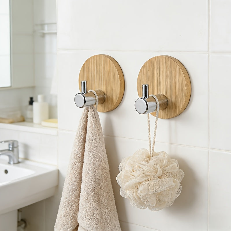 4 Adhesive Stainless Steel Hooks with Wood Base