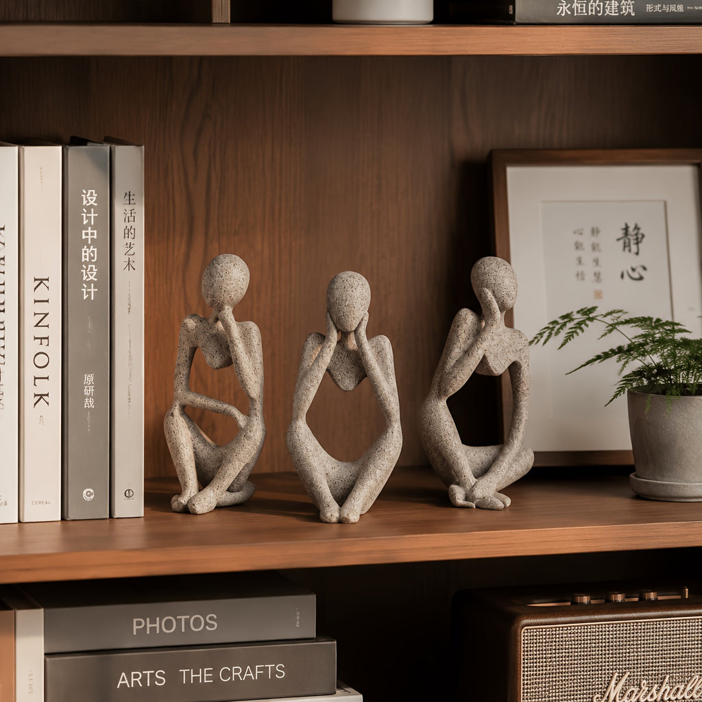 Set of 3 Abstract Seated Human Sandstone Resin Figurines