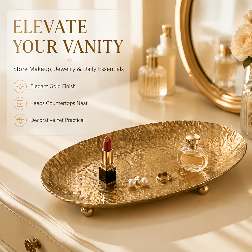 Hammered Gold Wrought Iron Decorative Tray with Tripod Stand