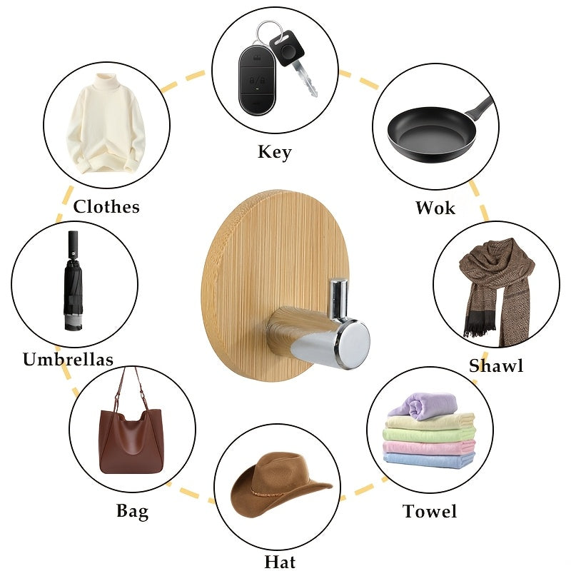 4 Adhesive Stainless Steel Hooks with Wood Base